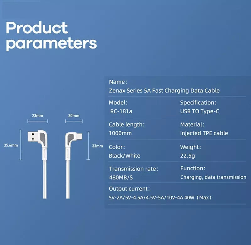 PD 65W Fast Charging Data Cable USB A to USB C 90 Degree USB to Type C Charging