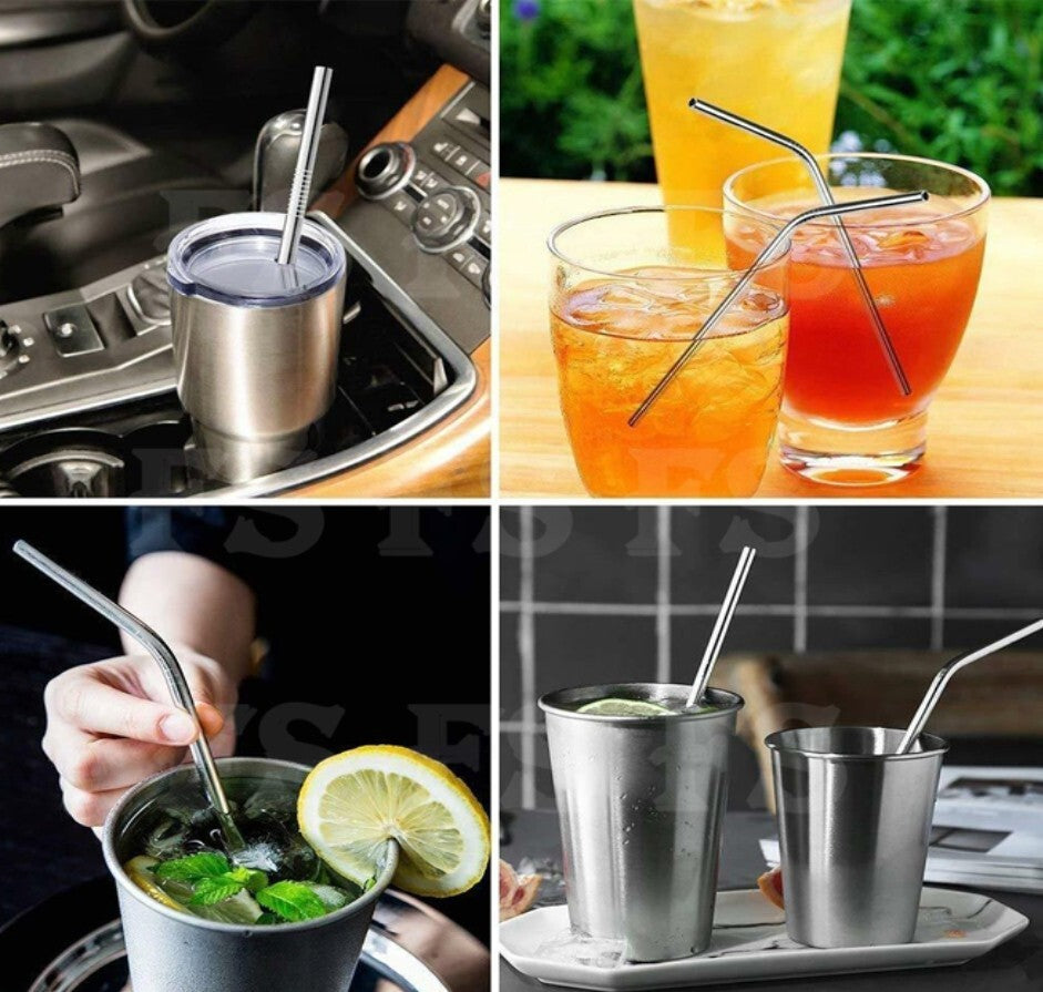 Reusable 304 Stainless Steel Straws Metal Drinking Washable Bent Straw + Brushes
