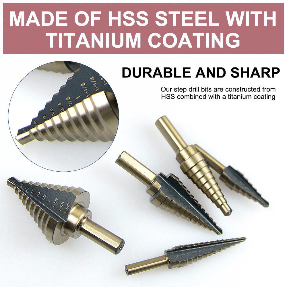 5PCS HSS Step Steel Cone Drill Titanium Bits Set Kit Hole Cutter + Aluminum Case