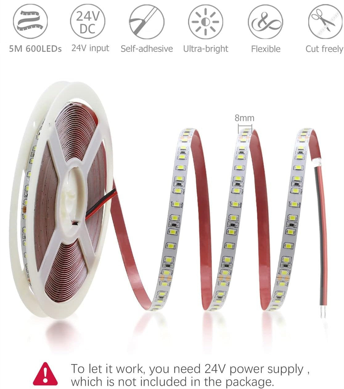 2835 24V 5M LED Strip Light Cool White 120LED/M 600LEDs SMD