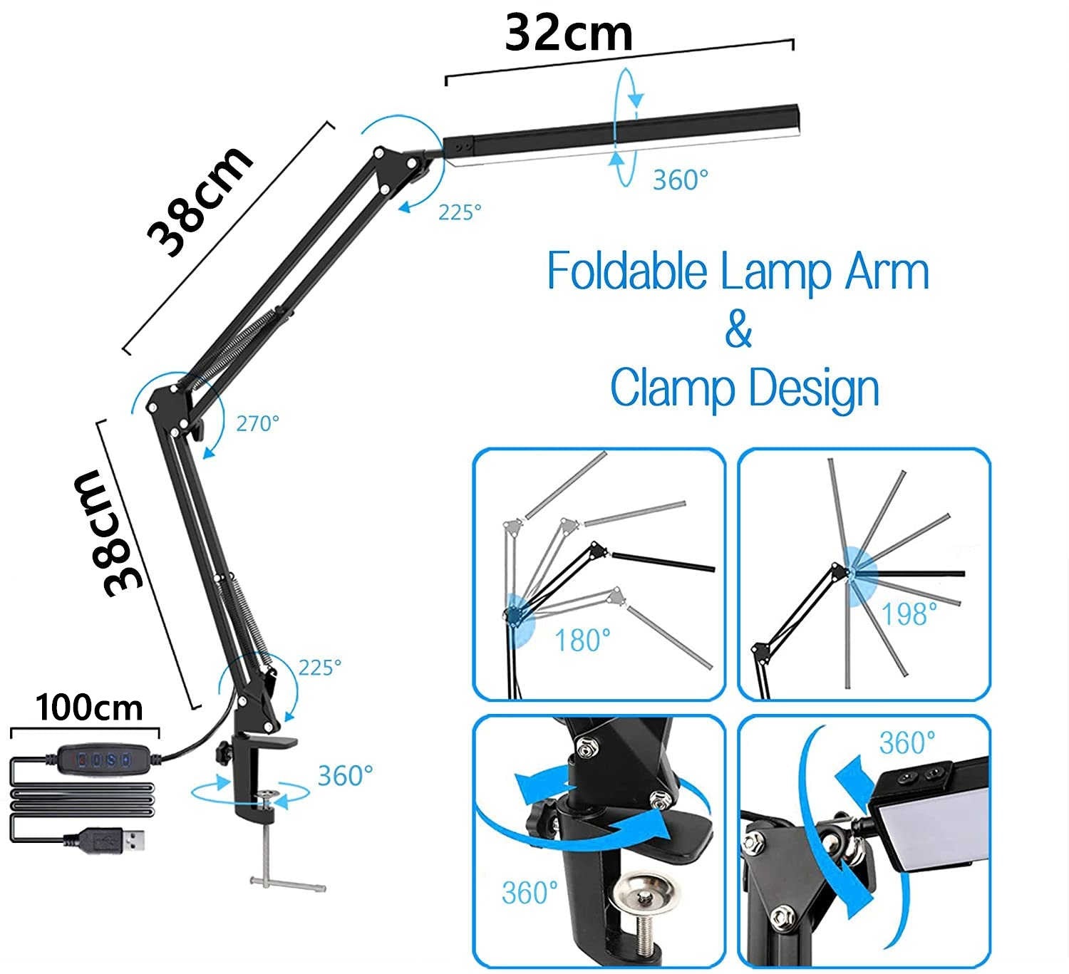 LED Desk Table Lamp Swing Arm Clamp USB Power Dimmable Reading Light