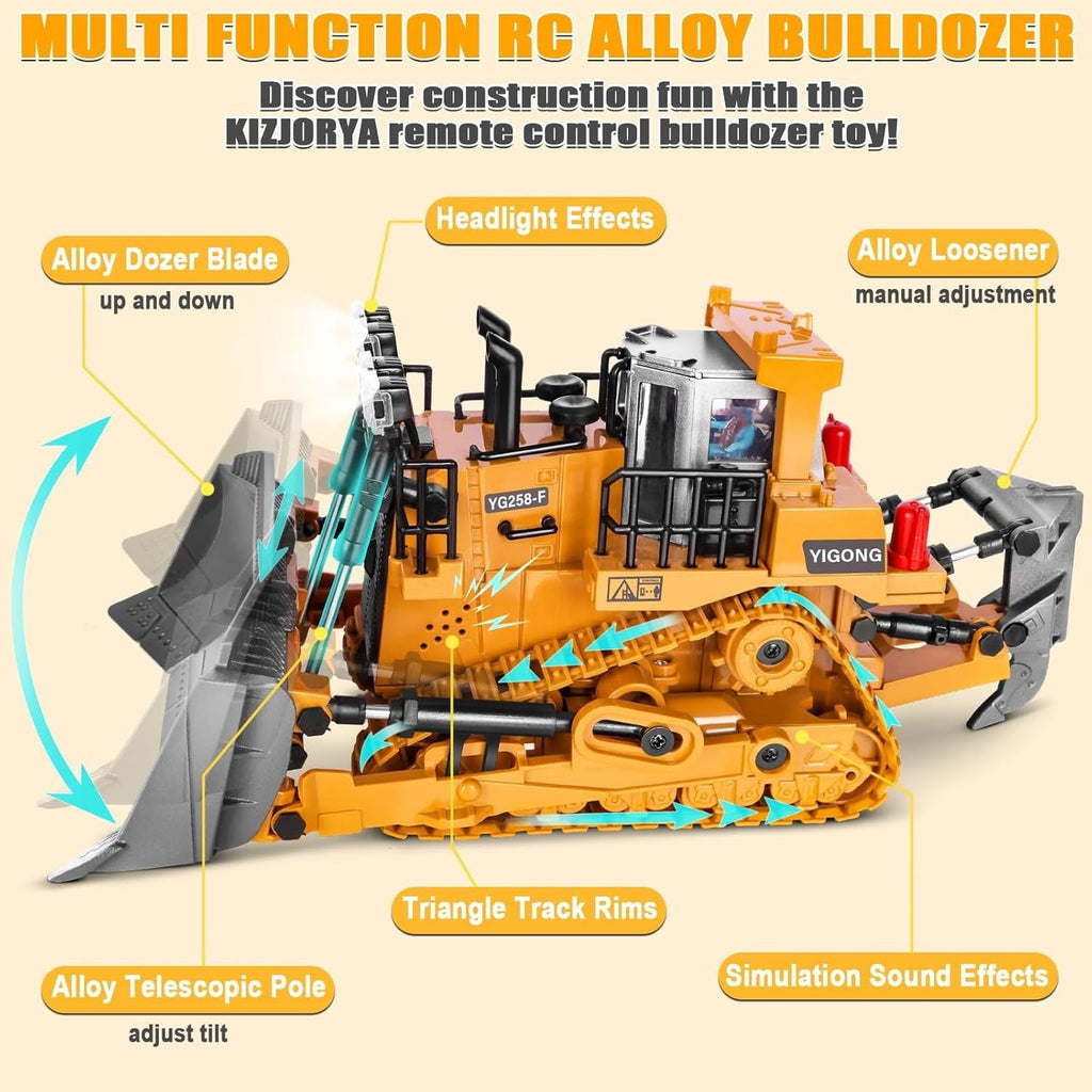 Remote Controlled Bulldozer, 9-Channel Metal RC Construction Vehicle Toy
