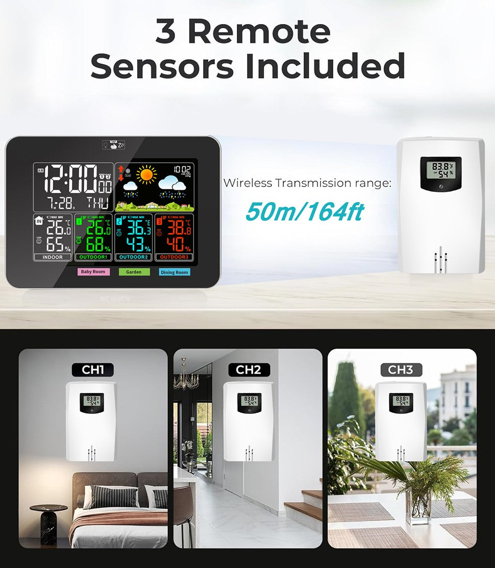 Weather Station Wireless Thermometer with 3 Sensors Temperature Humidity Monitor