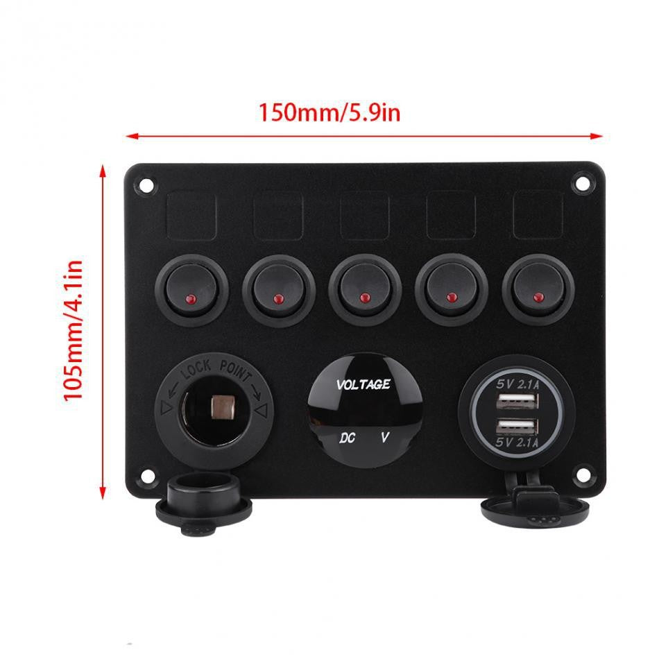 5-Gang Multi-Functional Rocker Switch Panel With Dual USB Charger