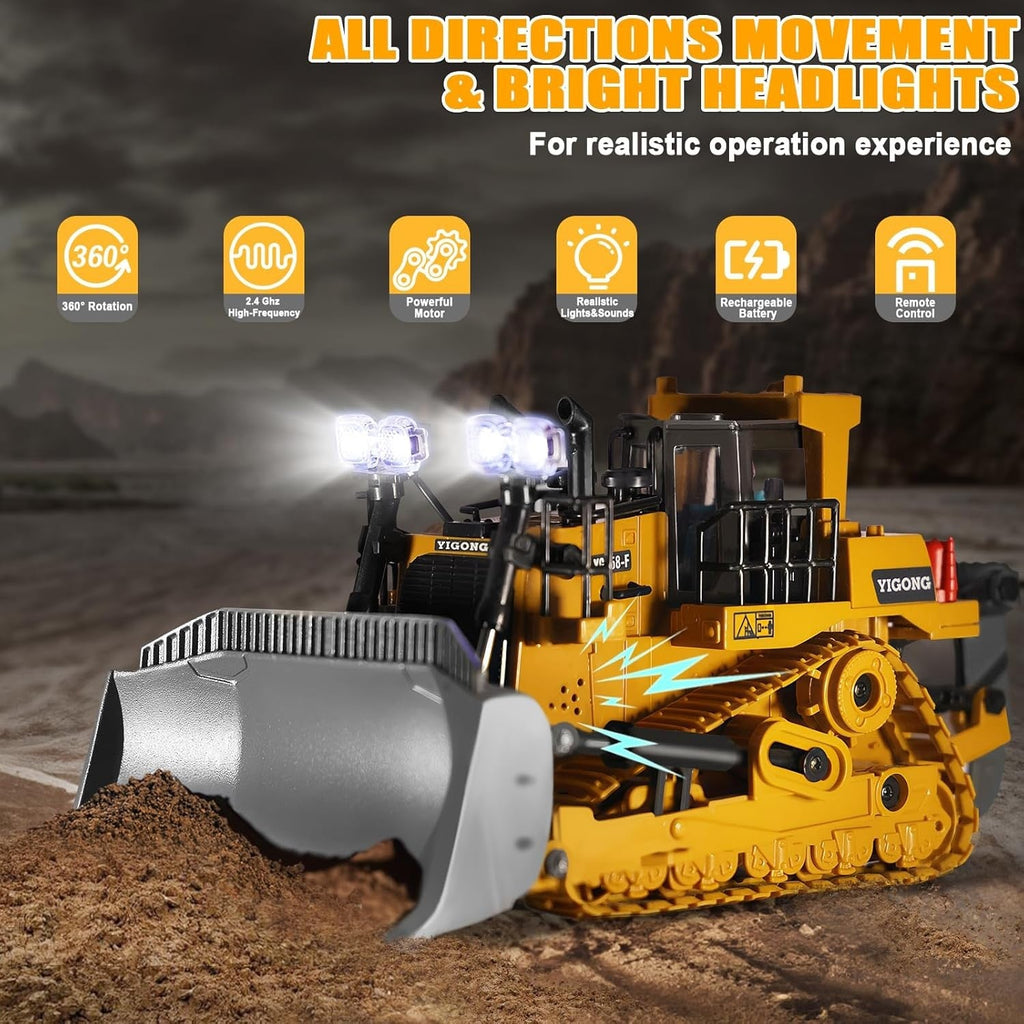 Remote Controlled Bulldozer, 9-Channel Metal RC Construction Vehicle Toy