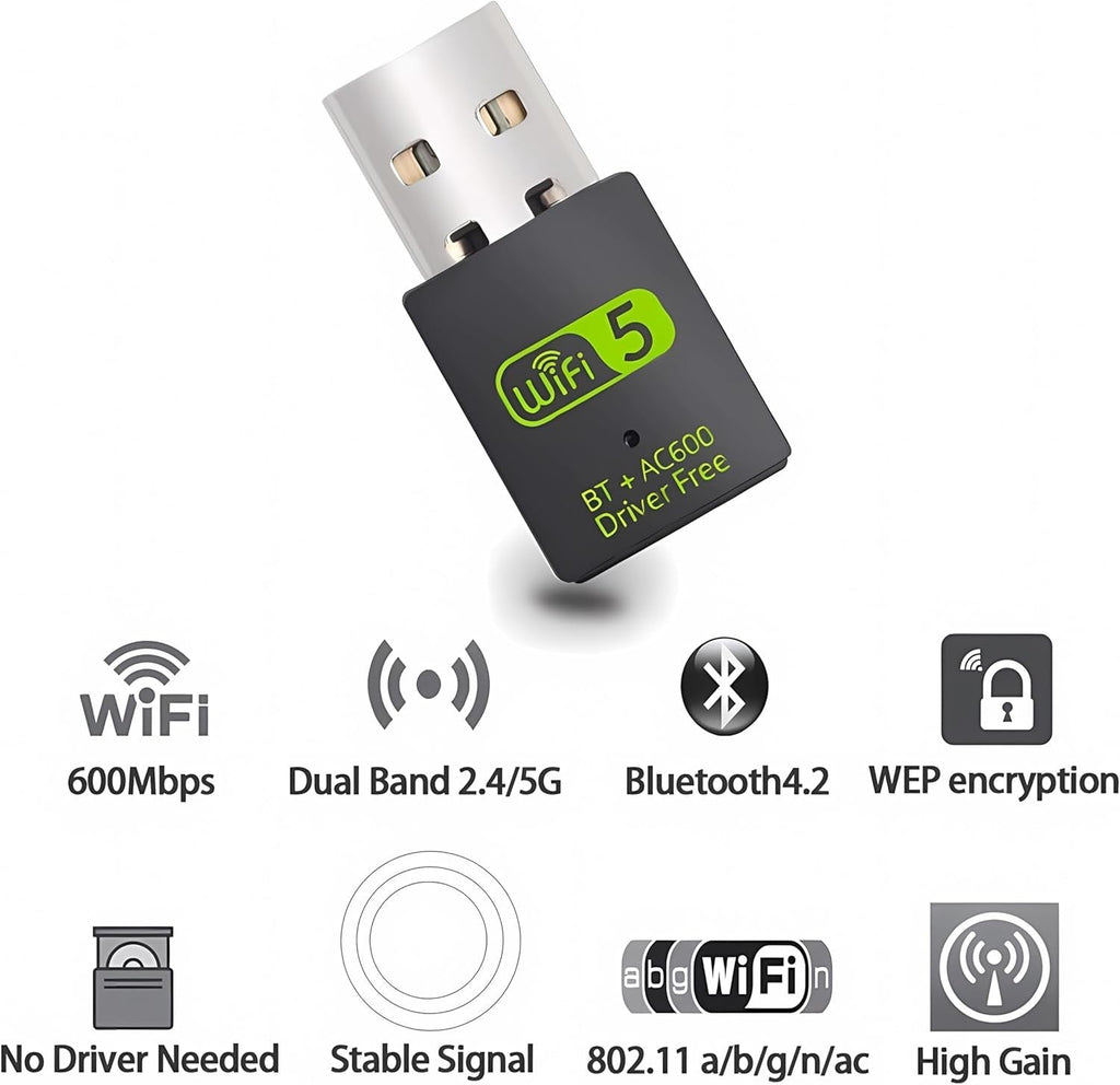 Dual Band 600Mbps USB WiFi Bluetooth 5.0 Wireless Dongle AC600 Adapter 2.4/5GHz