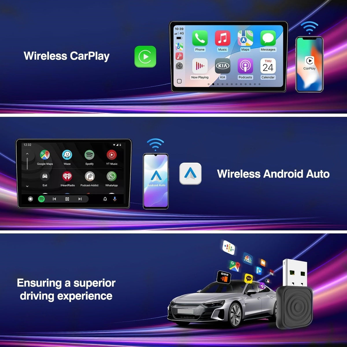 CarlinKit Mini Wireless CarPlay Android Auto Adapter Plug & Play WiFi BT