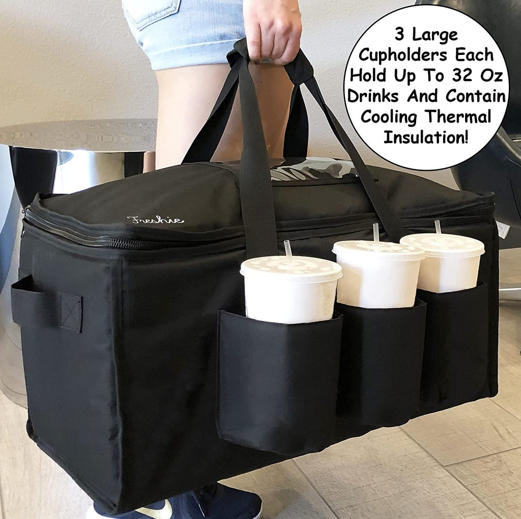 Insulated Food Pizza Delivery Bag with Cup Holders Drink Carriers
