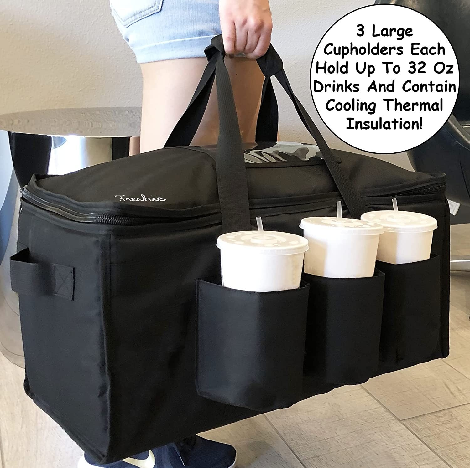 Insulated Food Pizza Delivery Bag with Cup Holders Drink Carriers