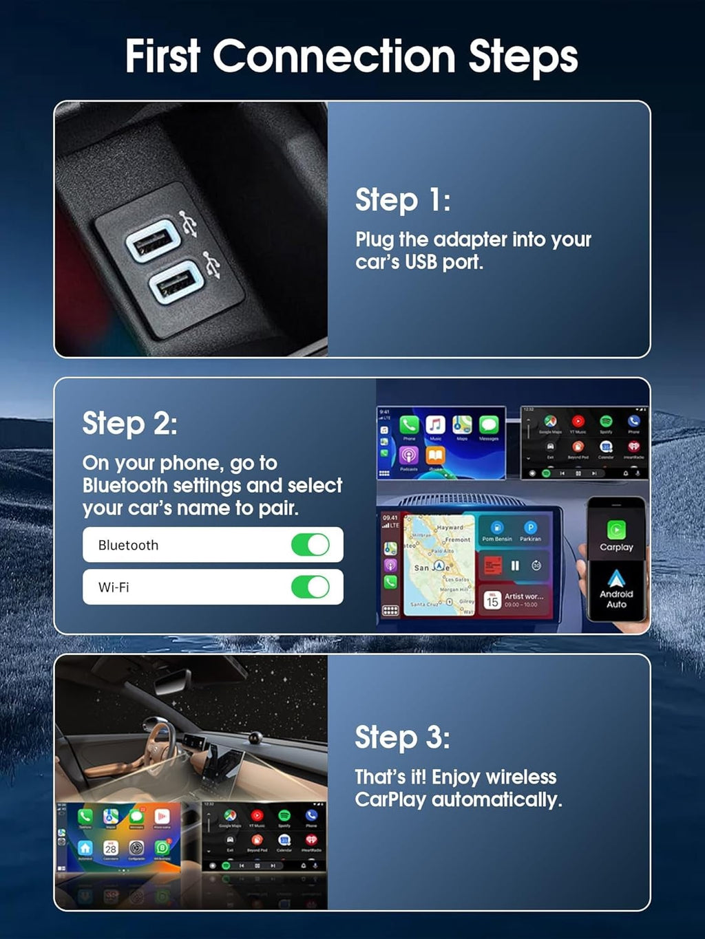2 in1 Wireless Carplay Android Auto Adapter WiFi BT Auto Connect Mini USB Dongle