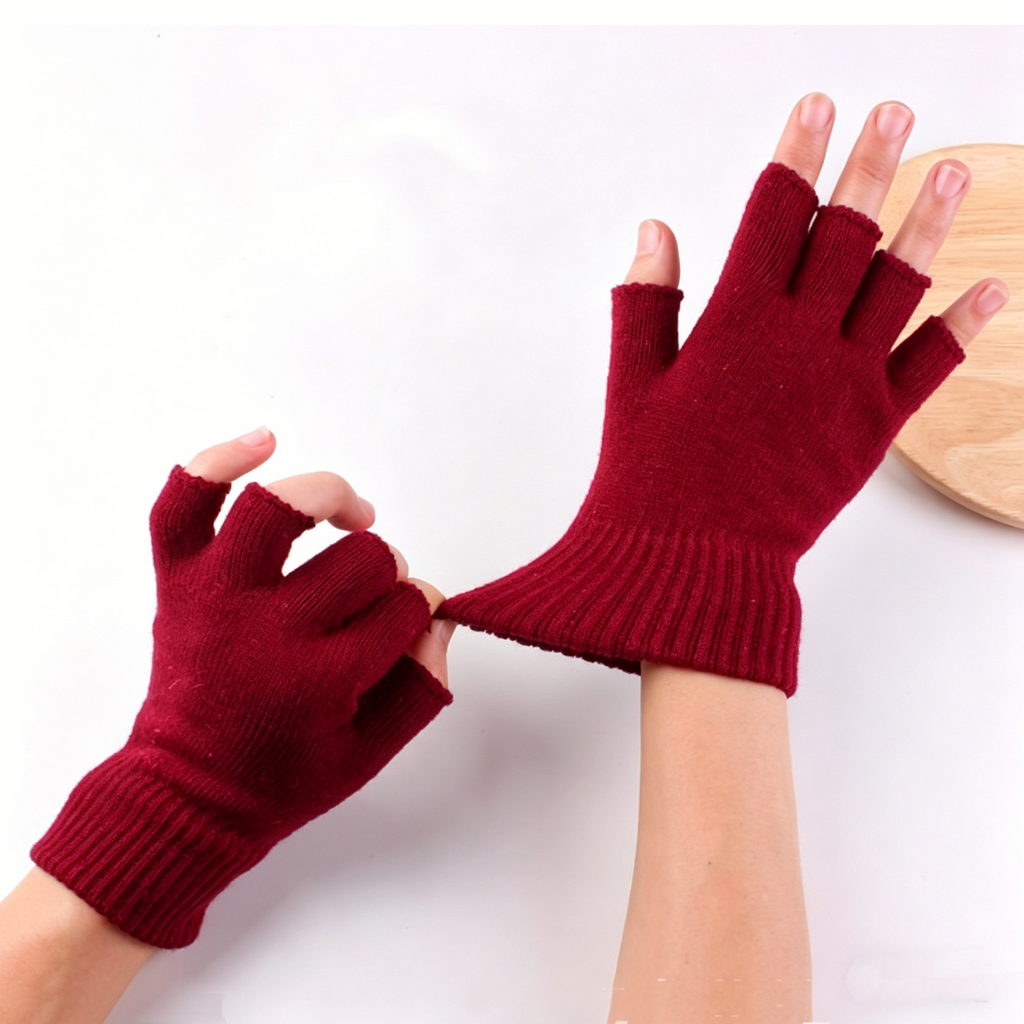 Red Fingerless Gloves Knitted Winter Warm Half Open Finger Soft Mittens Unisex