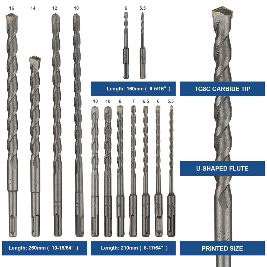 Rotary Hammer Drill Bits Set & Chisels Concrete Masonry Hole Tool 17pcs