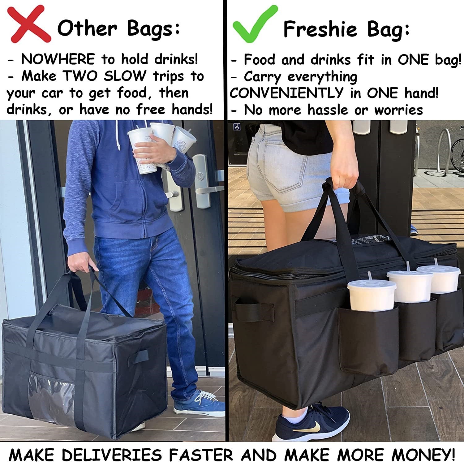 Insulated Food Pizza Delivery Bag with Cup Holders Drink Carriers