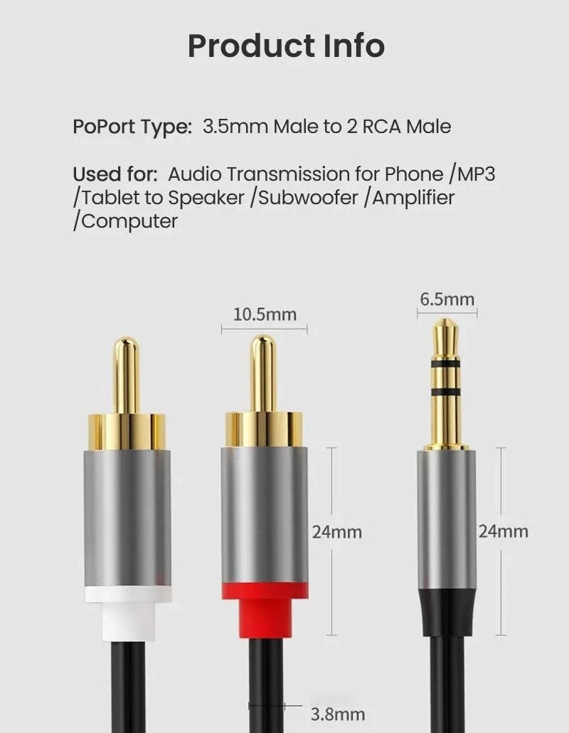 3.5mm Stereo Jack to 2x RCA Plugs Male to Male Aux Audio Cable Adapter 3M