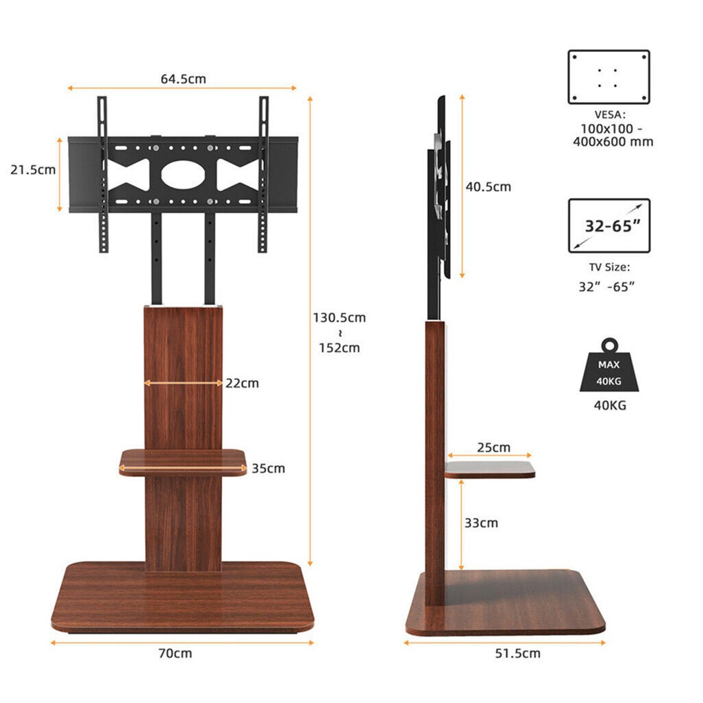 Heavy Duty TV Floor Stand Height Adjustable Up To 65"