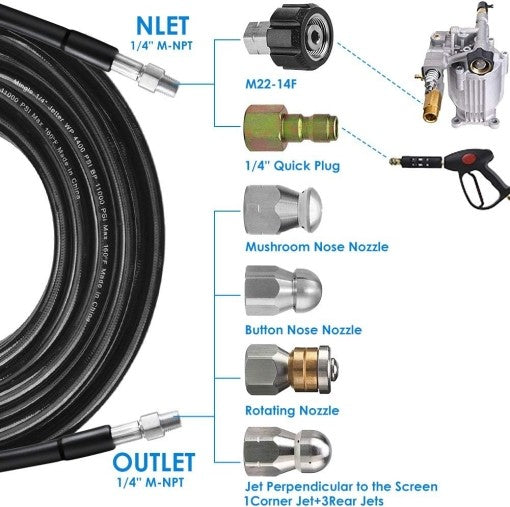 Sewer Jetter Nozzles Kit 30m Drain Cleaning Hose