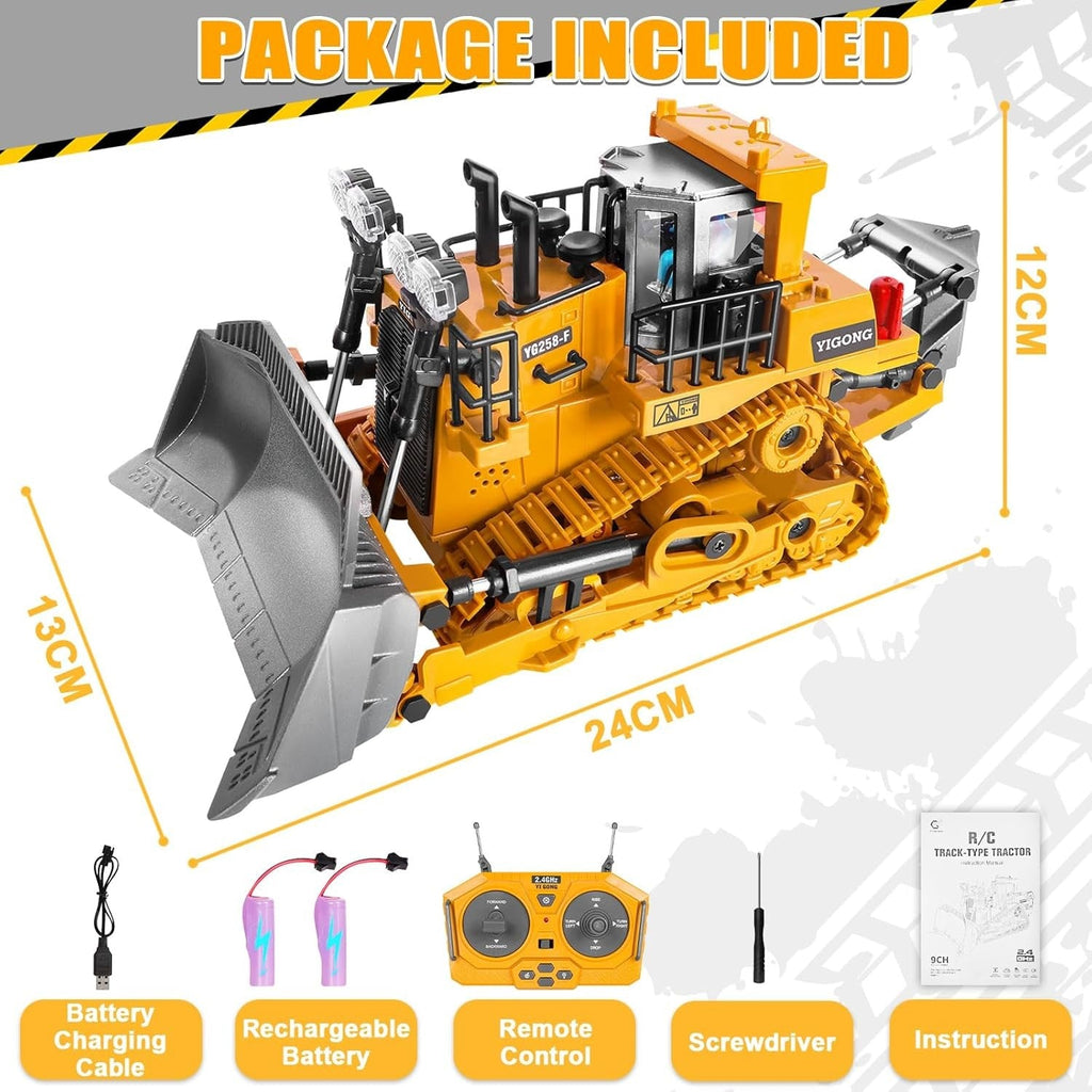 Remote Controlled Bulldozer, 9-Channel Metal RC Construction Vehicle Toy
