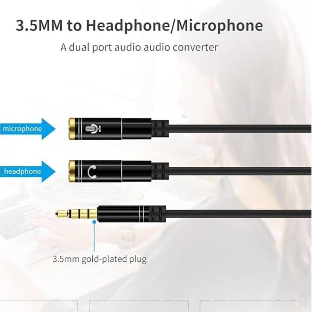 3.5mm Headset Splitter Adapter 2 Male to 1 Female Cable Y Splitter