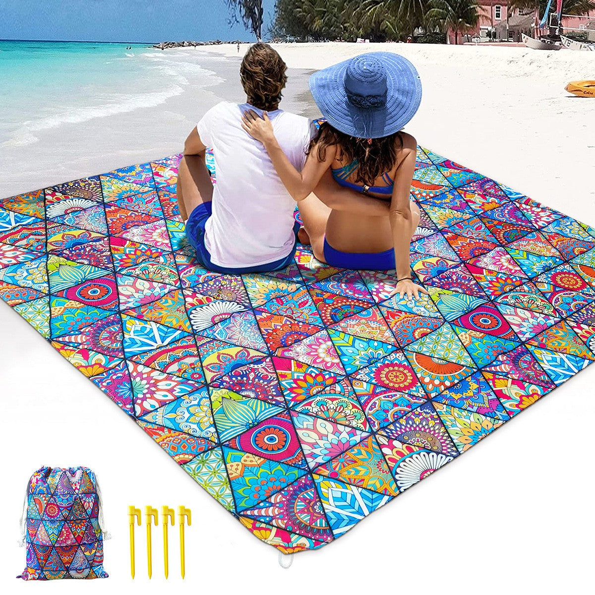 Beach Mat Blanket Waterproof Sandproof Picnic Mat w/Stakes Storage Bag 175x175cm