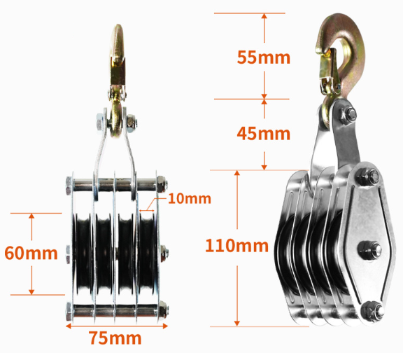 4-Wheel Rope Pulley Hoist Heavy Duty Labor Saving Block and Tackle 20m