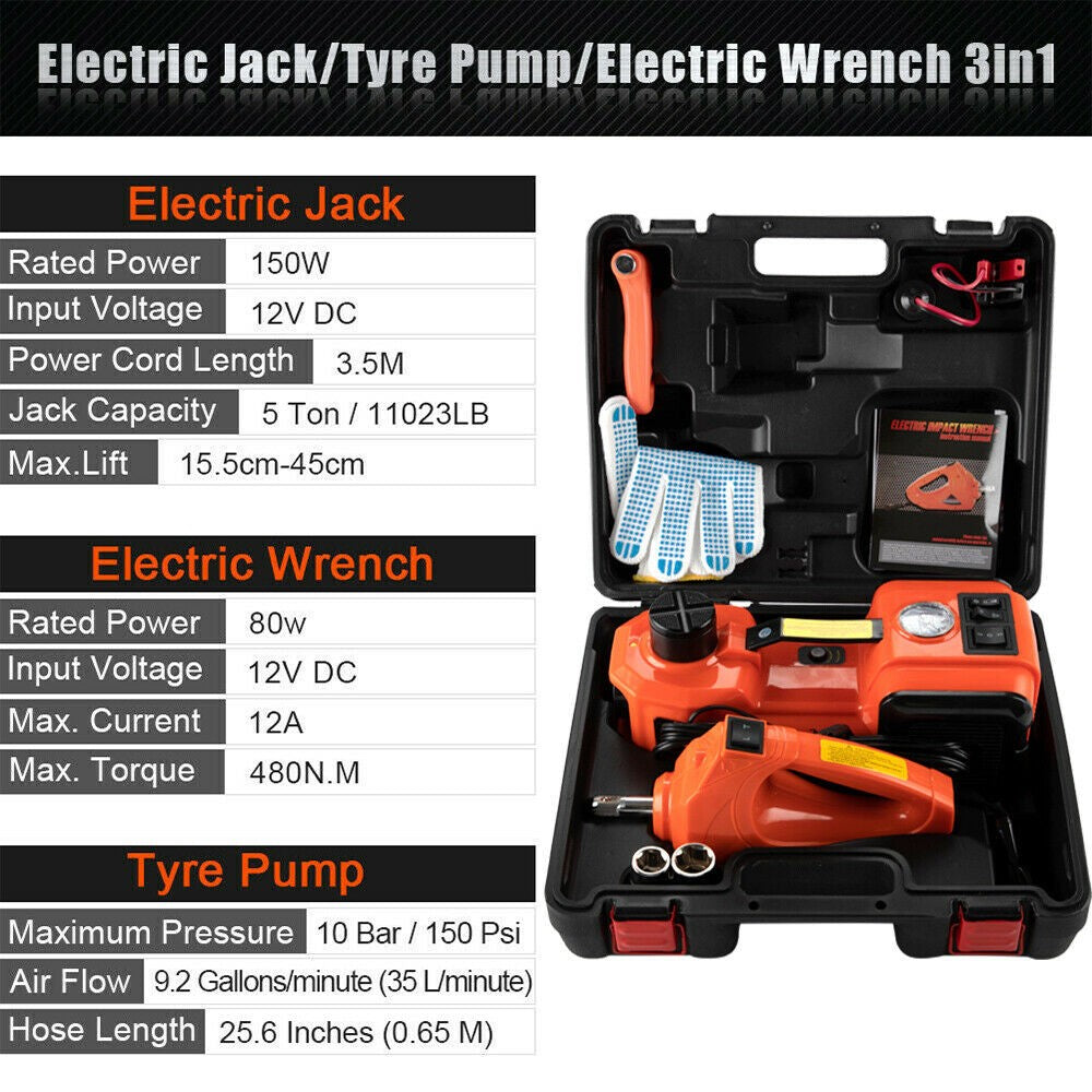5Ton 12V Car Electric Hydraulic Floor Jack Lift + Impact Wrench Kit