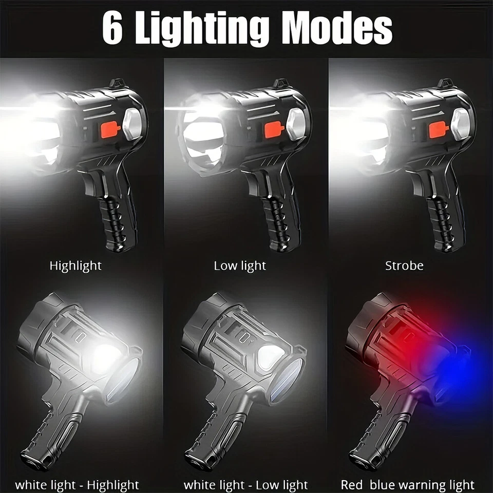 Rechargeable LED Handheld Torch Spotlight Camping Flashlight With 3 Color Lenses