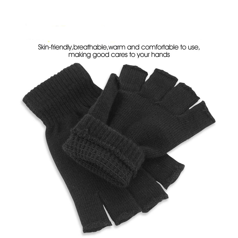 Black Fingerless Gloves Knitted Winter Warm Half Open Finger Soft Mittens Unisex