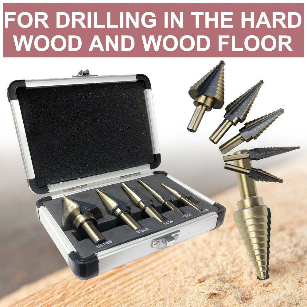 5PCS HSS Step Steel Cone Drill Titanium Bits Set Kit Hole Cutter + Aluminum Case