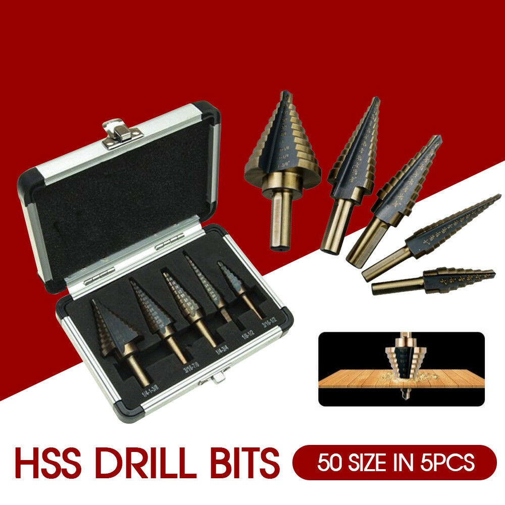 5PCS HSS Step Steel Cone Drill Titanium Bits Set Kit Hole Cutter + Aluminum Case