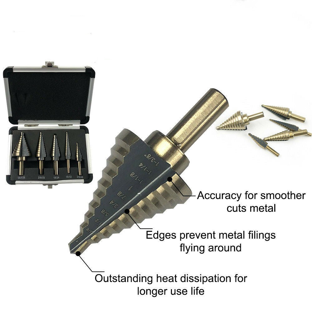 5PCS HSS Step Steel Cone Drill Titanium Bits Set Kit Hole Cutter + Aluminum Case