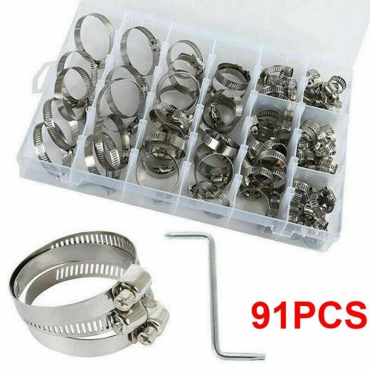 91pcs Stainless Steel Hose Clamps Clips Adjustable Range Worm Gear Pipe Clamp Kit