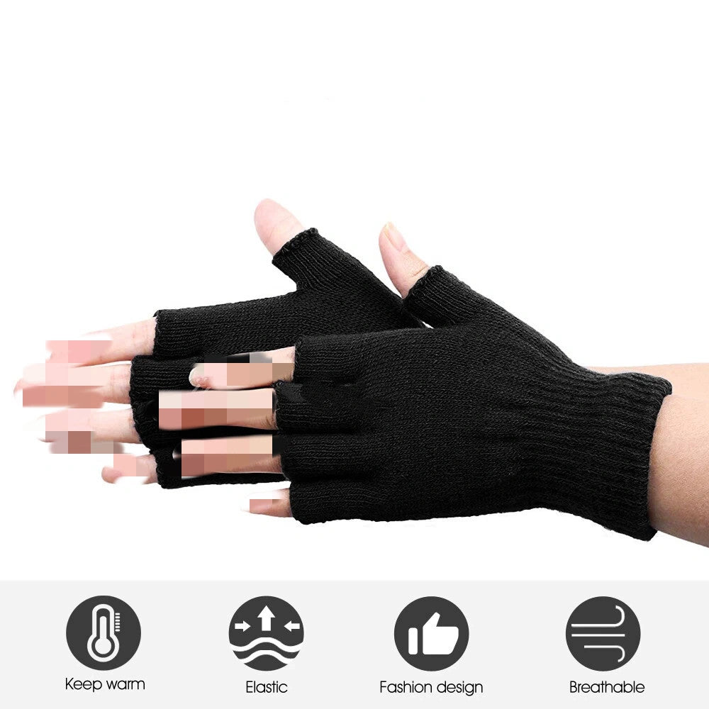 Black Fingerless Gloves Knitted Winter Warm Half Open Finger Soft Mittens Unisex