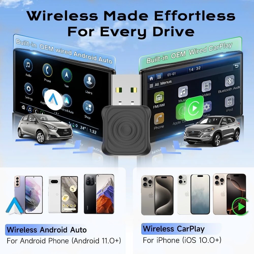 CarlinKit Mini Wireless CarPlay Android Auto Adapter Plug & Play WiFi BT