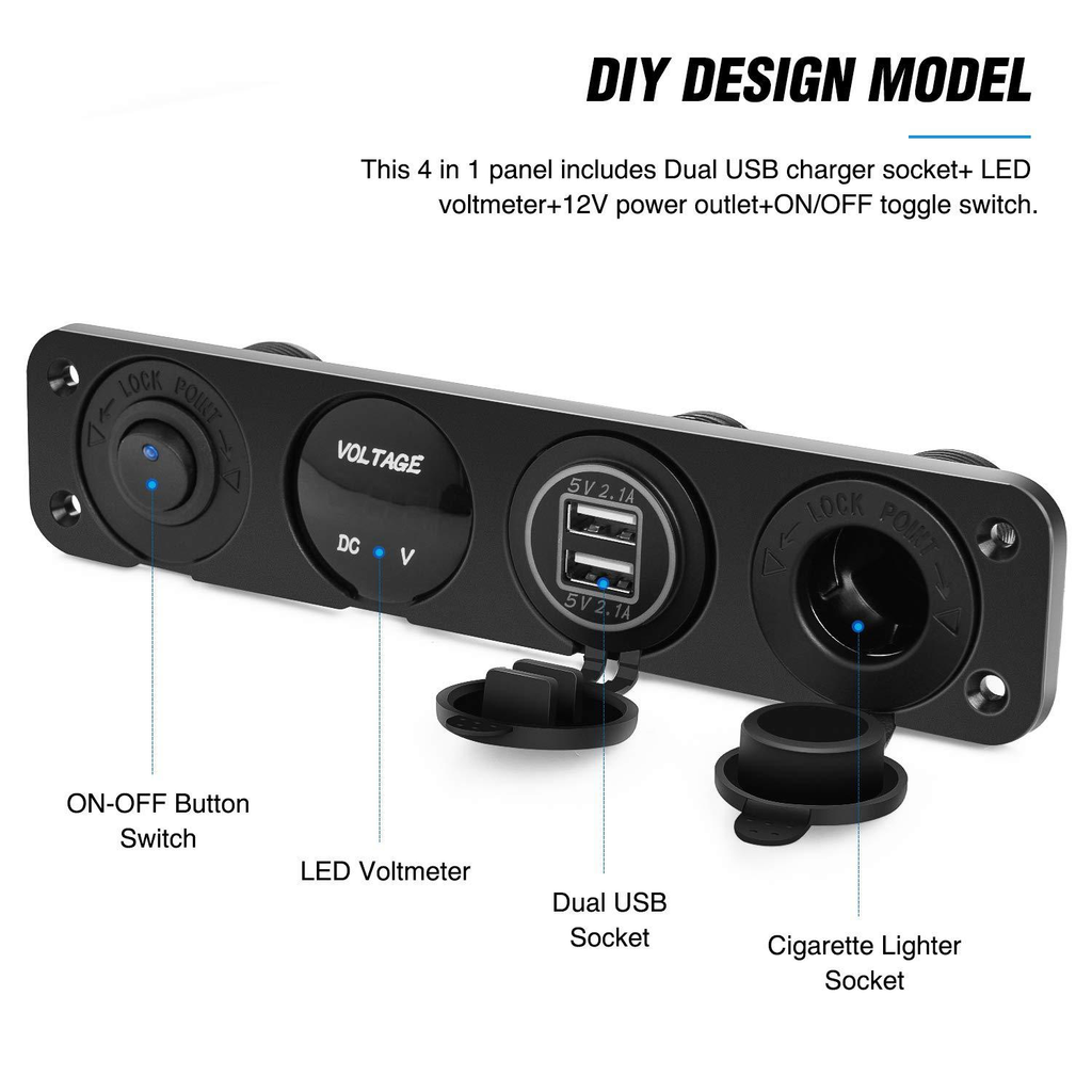4 in 1 Charger Outlet Socket Panel QC Dua 12V USB Power Outlet Car Switch