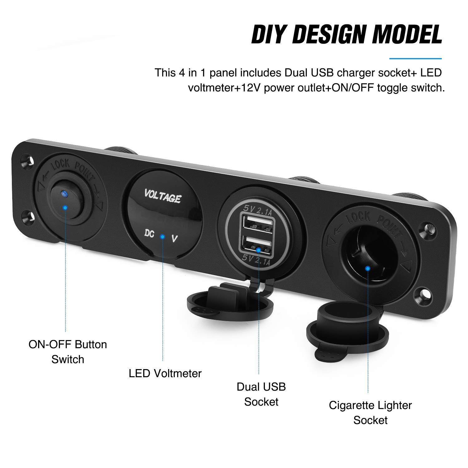4 in 1 Charger Outlet Socket Panel QC Dua 12V USB Power Outlet Car Switch