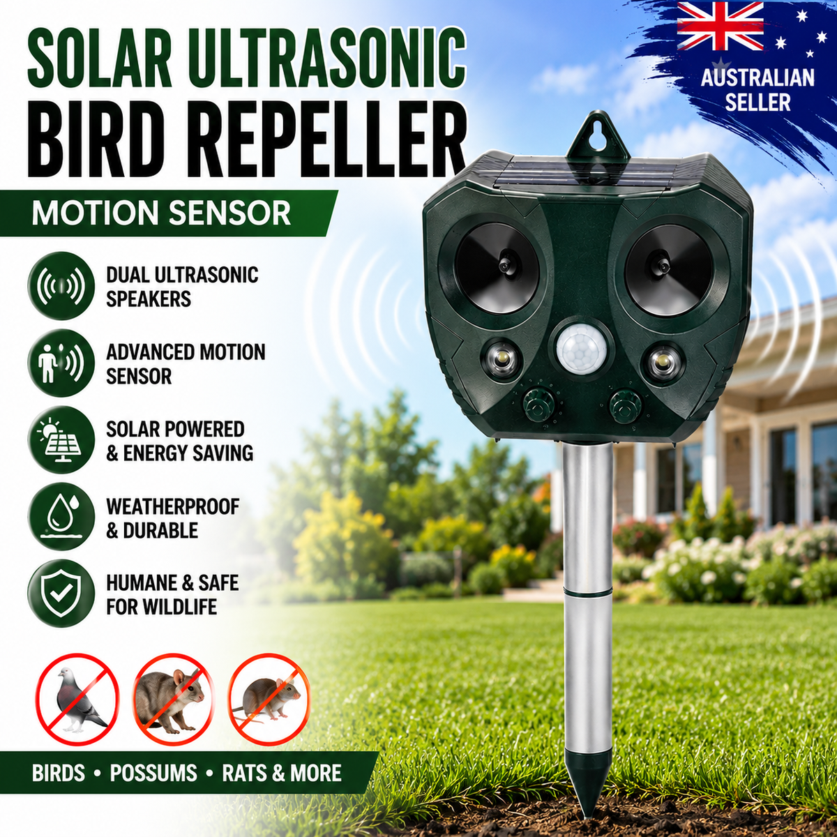 Solar Ultrasonic Bird Repeller Motion Sensor Animal Possum Repellent