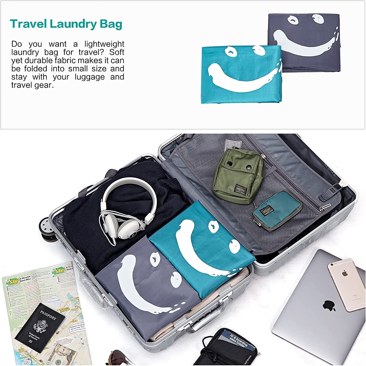 2 Pack 65x96cm Wash Me Travel Laundry Bag, Dirty Clothes Organiser