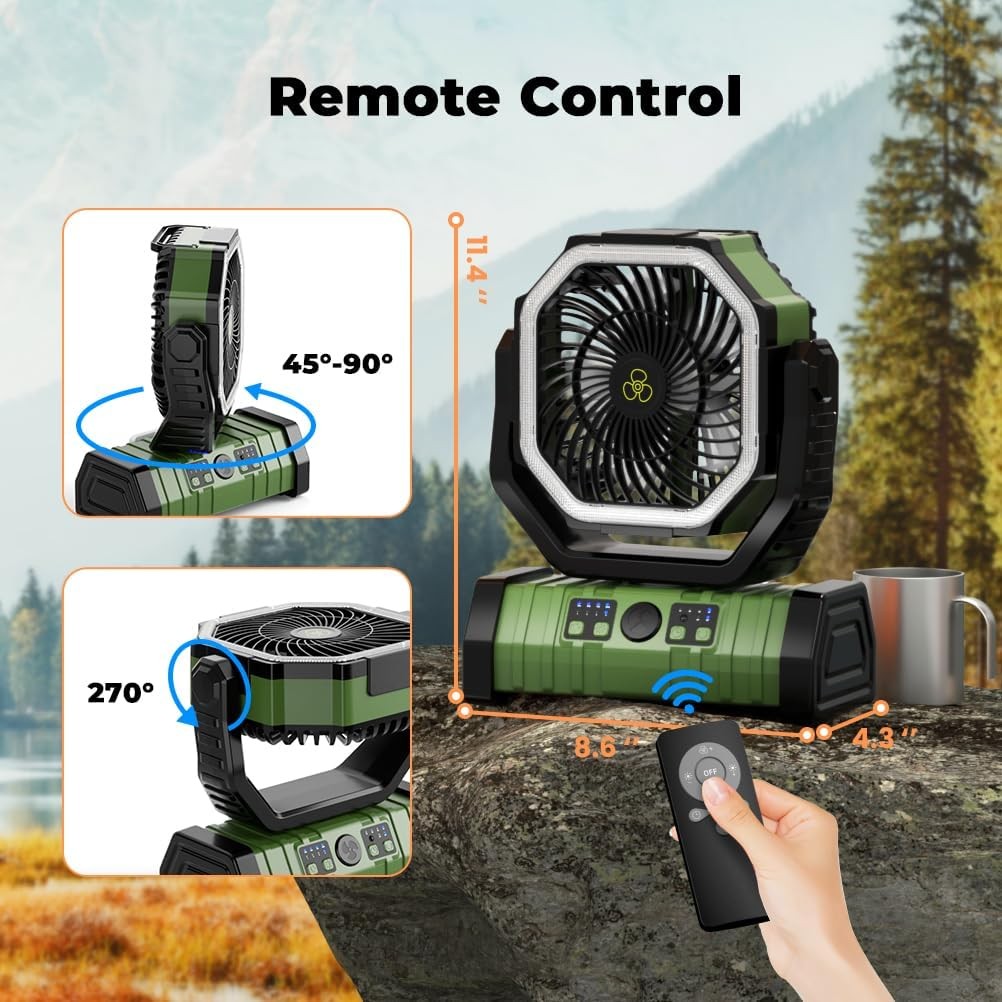 20000mAh Camping Fan with LED Light Auto-Oscillating Desk Fan with Remote & Hook