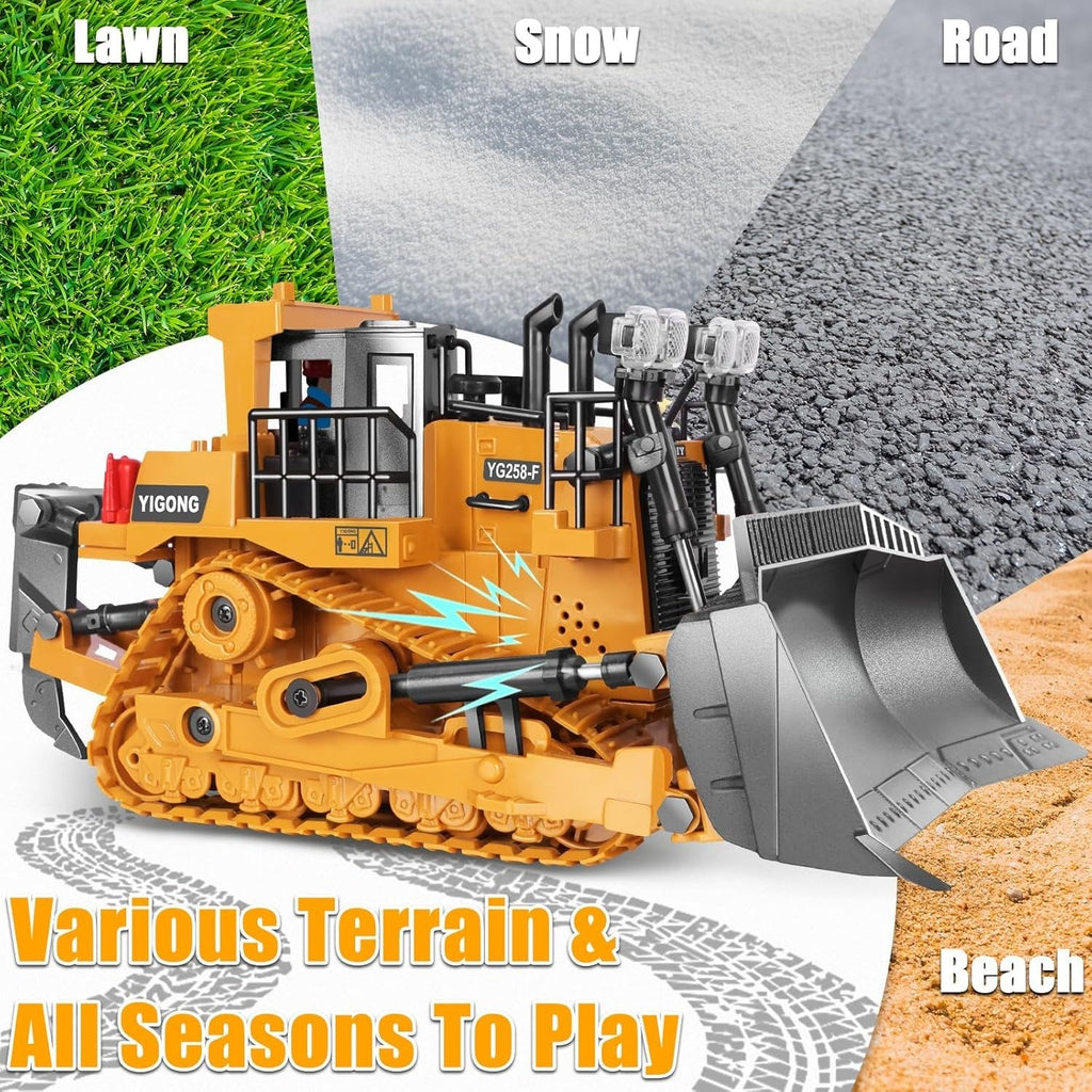 Remote Controlled Bulldozer, 9-Channel Metal RC Construction Vehicle Toy