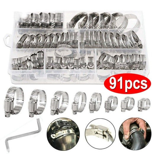 91pcs Stainless Steel Hose Clamps Clips Adjustable Range Worm Gear Pipe Clamp Kit