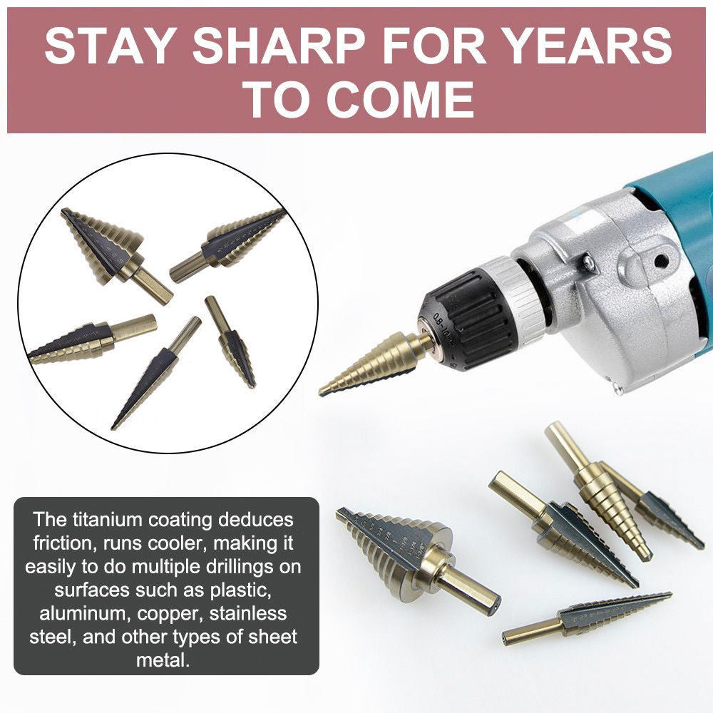 5PCS HSS Step Steel Cone Drill Titanium Bits Set Kit Hole Cutter + Aluminum Case
