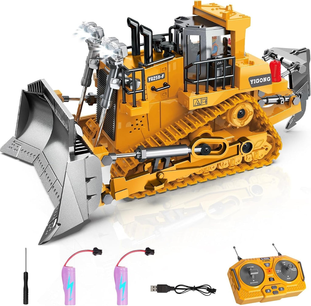 Remote Controlled Bulldozer, 9-Channel Metal RC Construction Vehicle Toy