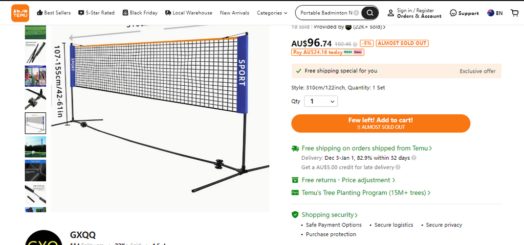 Portable Badminton Net Set 6.1m