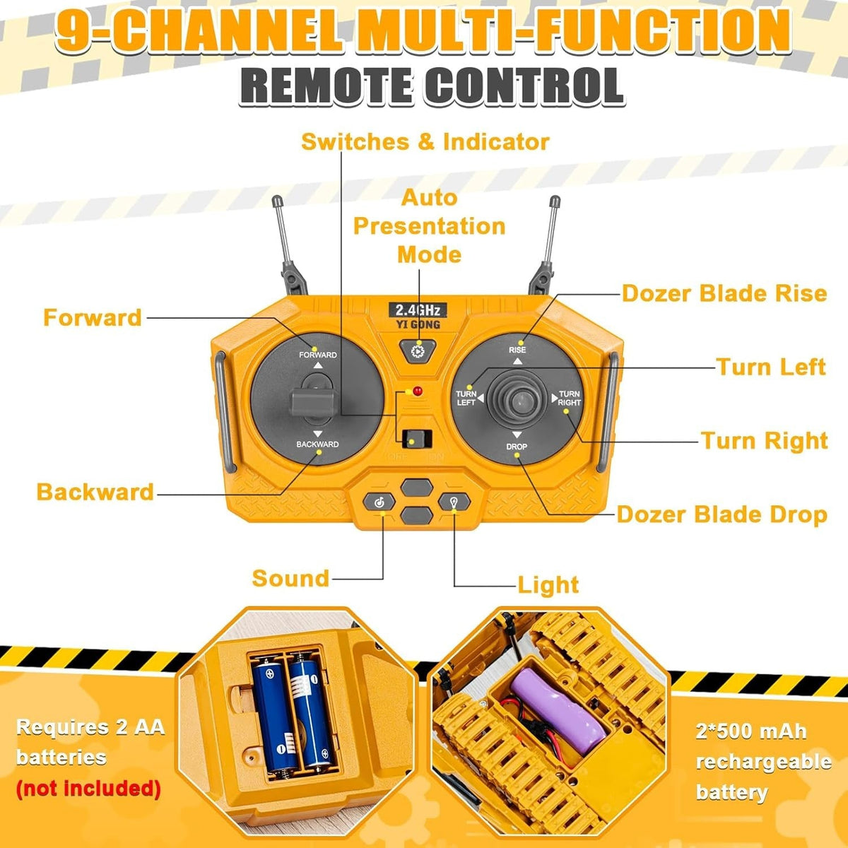 Remote Controlled Bulldozer, 9-Channel Metal RC Construction Vehicle Toy