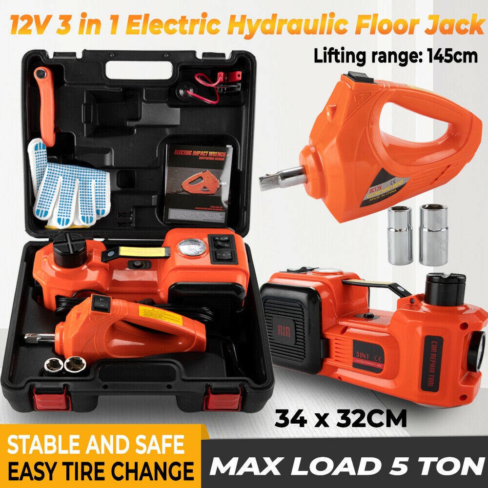 5Ton 12V Car Electric Hydraulic Floor Jack Lift + Impact Wrench Kit