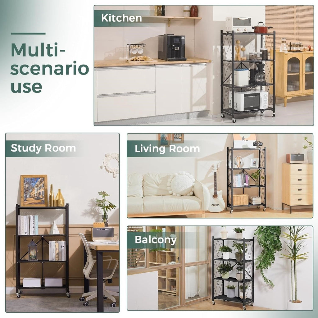 4 Tier Storage Shelf Wheel Rack Foldable Organizer