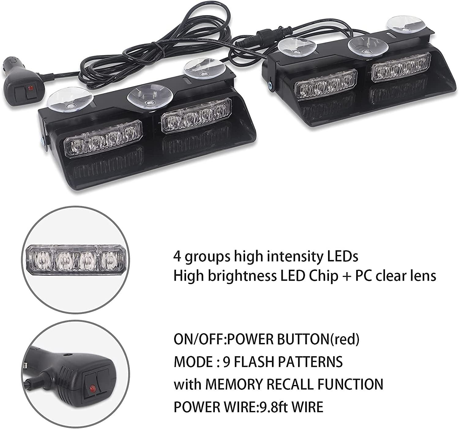12V 2 in 1 Emergency Dash Strobe Lights Interior Windshield Amber White Warning
