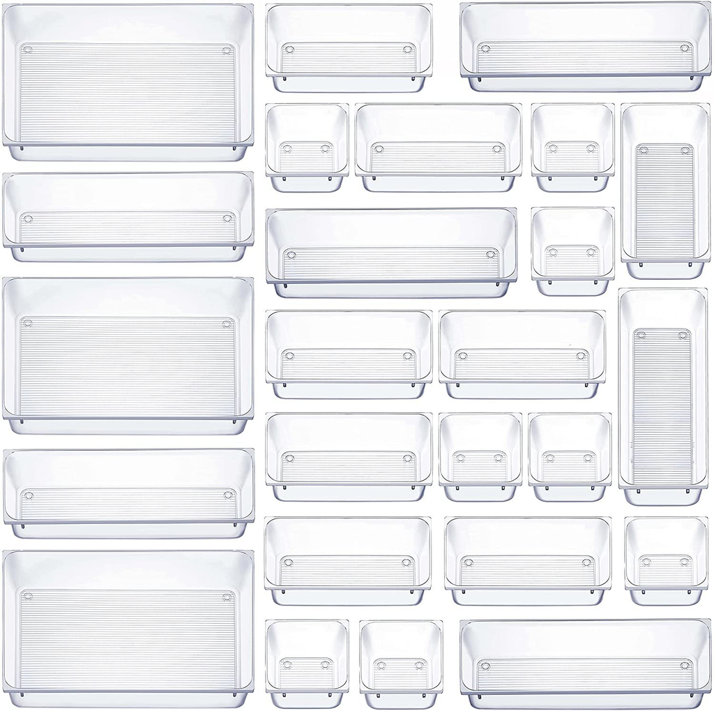 25PCS Clear Plastic Drawer Organizers Set Storage Bins for Makeup,Jewelries