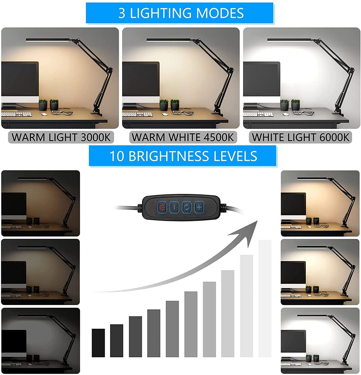 LED Desk Table Lamp Swing Arm Clamp USB Power Dimmable Reading Light
