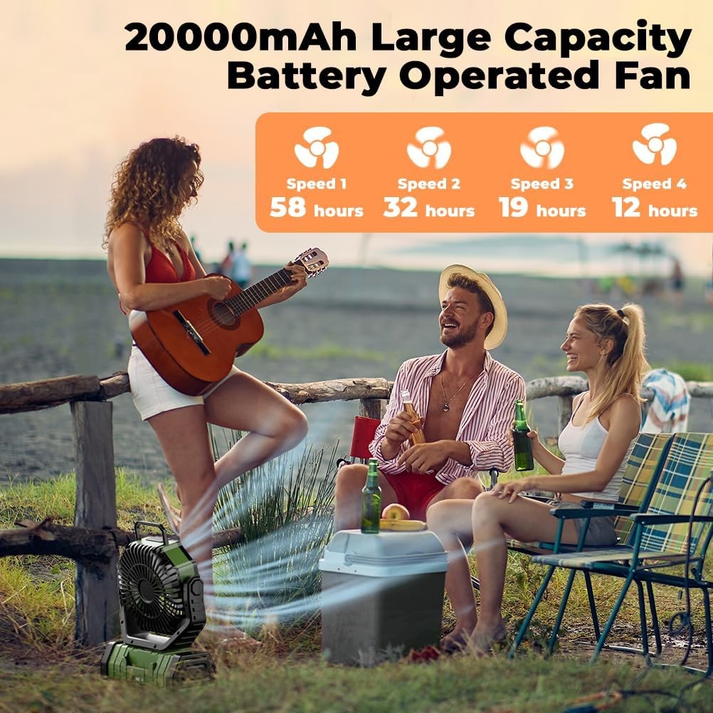 20000mAh Camping Fan with LED Light Auto-Oscillating Desk Fan with Remote & Hook